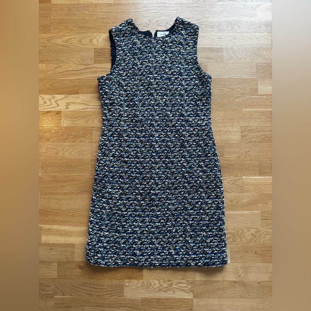 St. John Sleeveless Tweed Sheath Dress, Size 12, Navy/Blue/Purple/Green Tweed